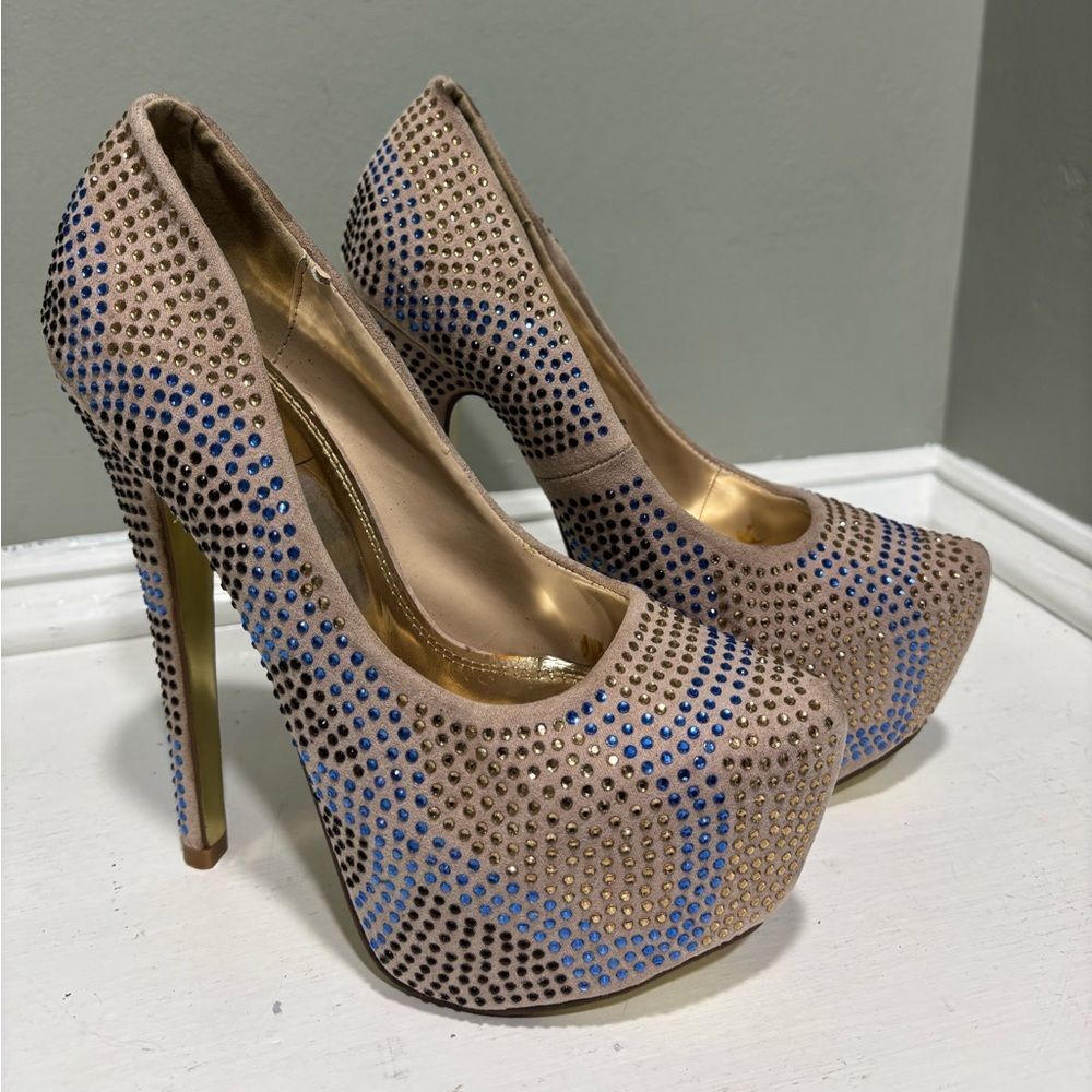 Herstyle Fannti Party Platform Blue/Tan Studded Heels-size 7